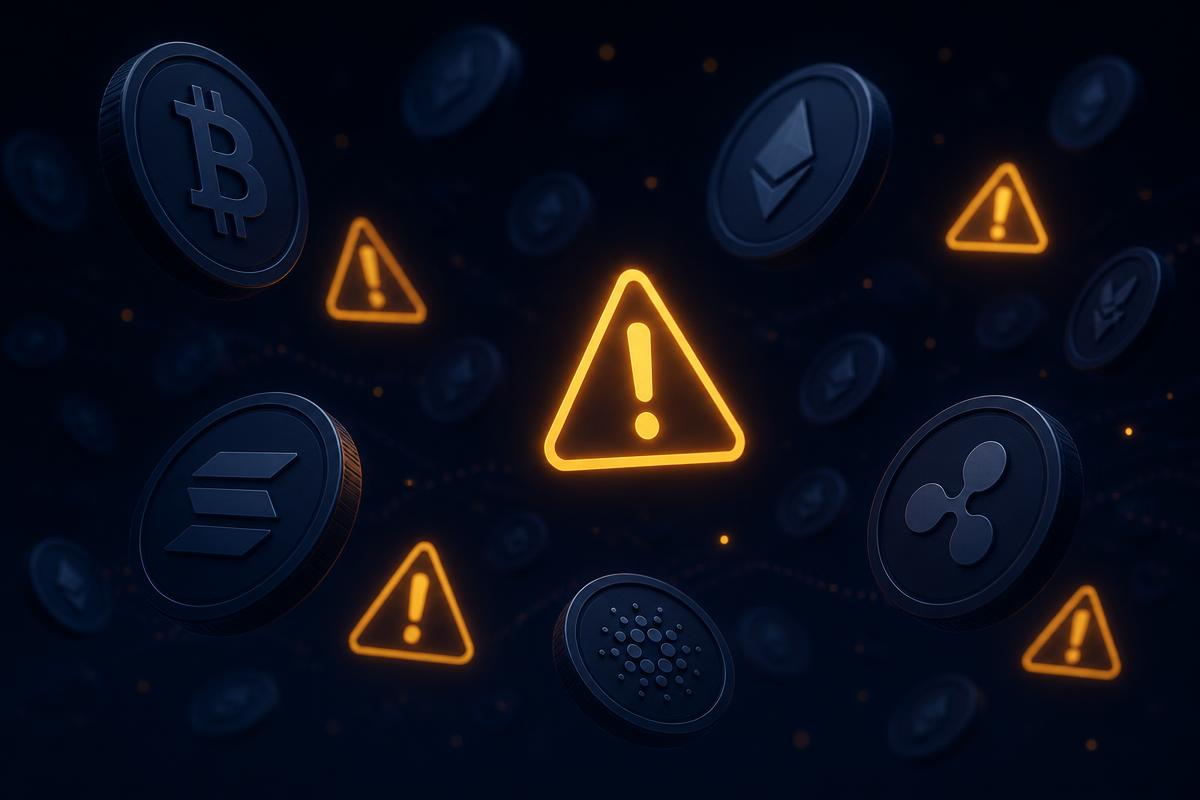 Abstract illustration of warning symbols surrounding dim crypto tokens