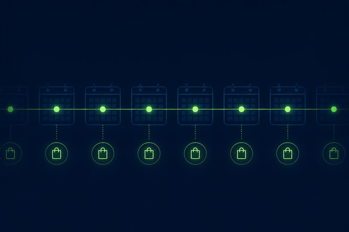 Abstract timeline of evenly spaced recurring crypto purchases
