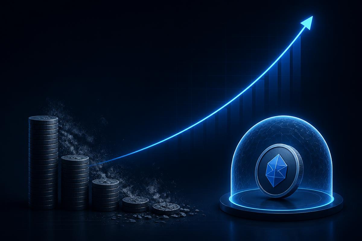 Abstract illustration comparing eroding coin stacks with a capped digital asset