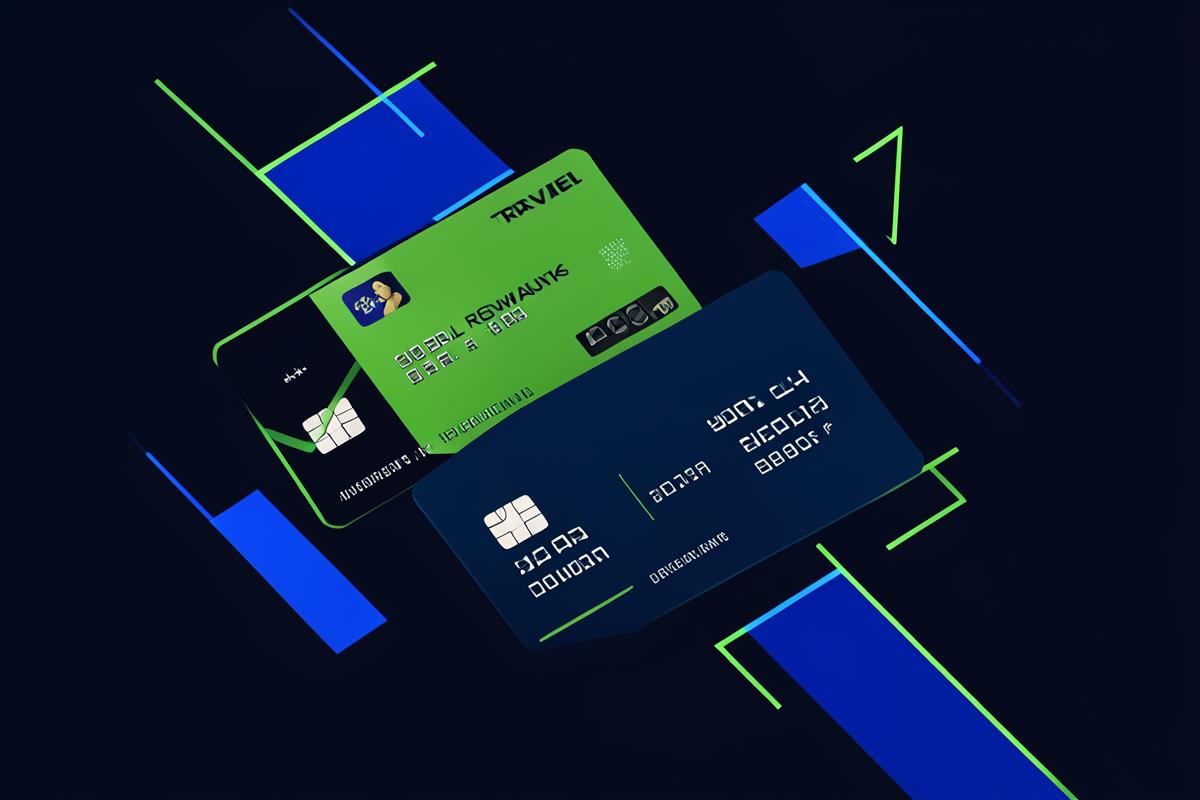 Abstract illustration of two reward credit cards on a dark navy background