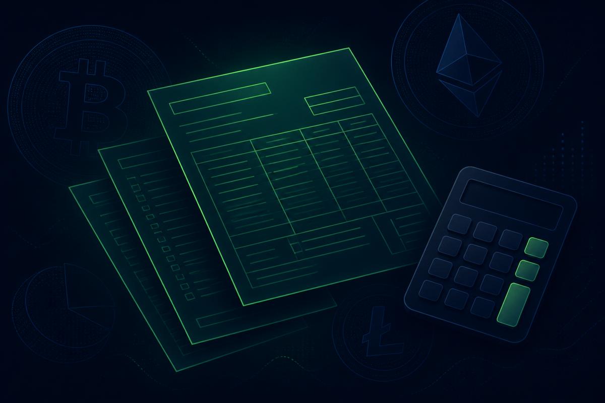 Abstract illustration of crypto tax forms and a calculator