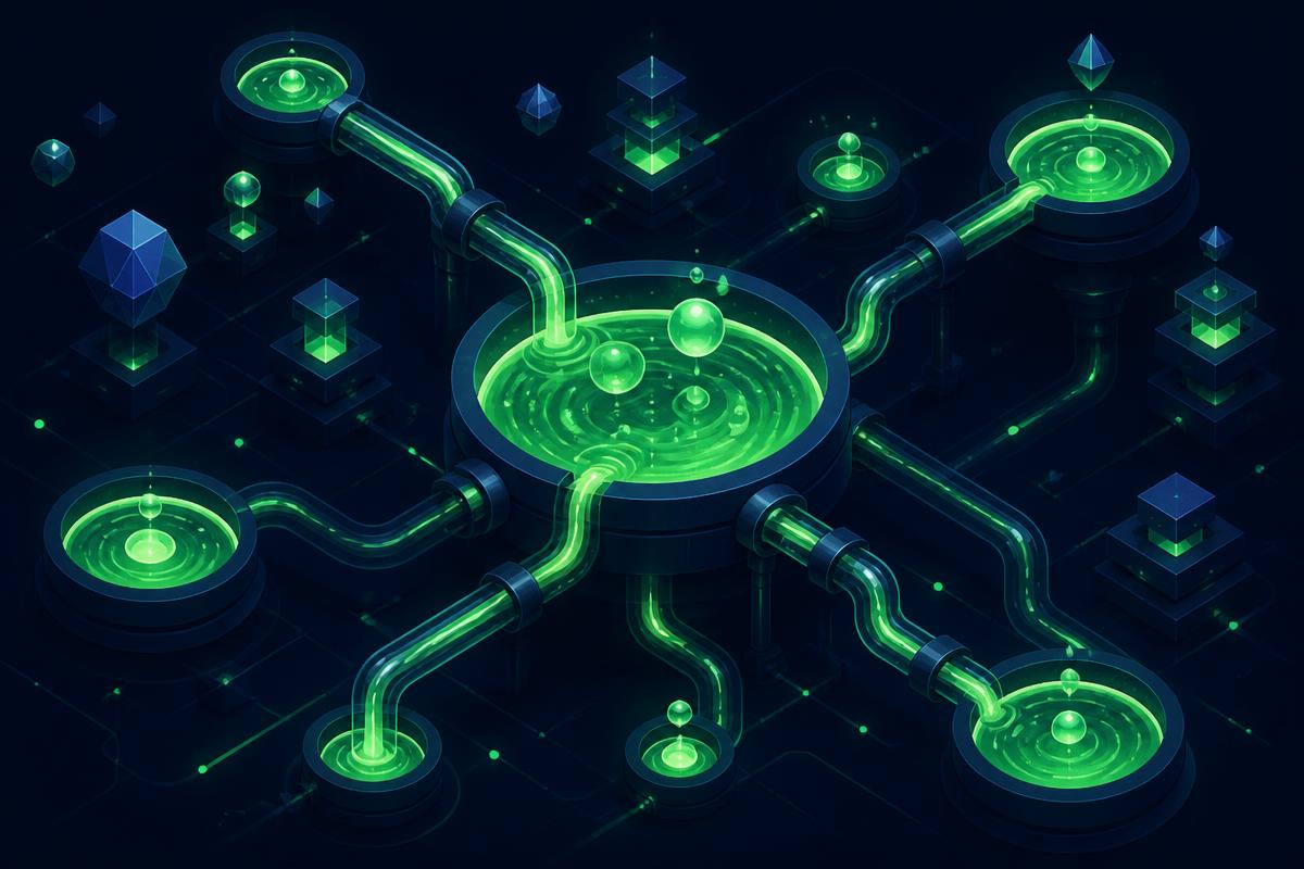Abstract illustration of decentralised finance liquidity pools connected by pipes