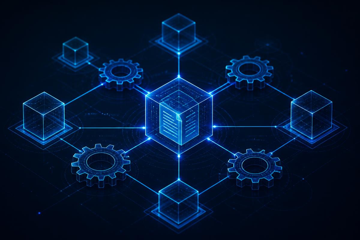 Abstract illustration of a smart contract network with interlocking nodes