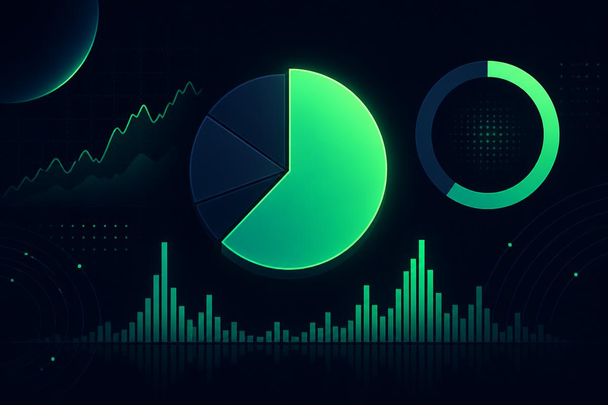 Abstract dashboard illustration of market share, volume bars and a dominance ring
