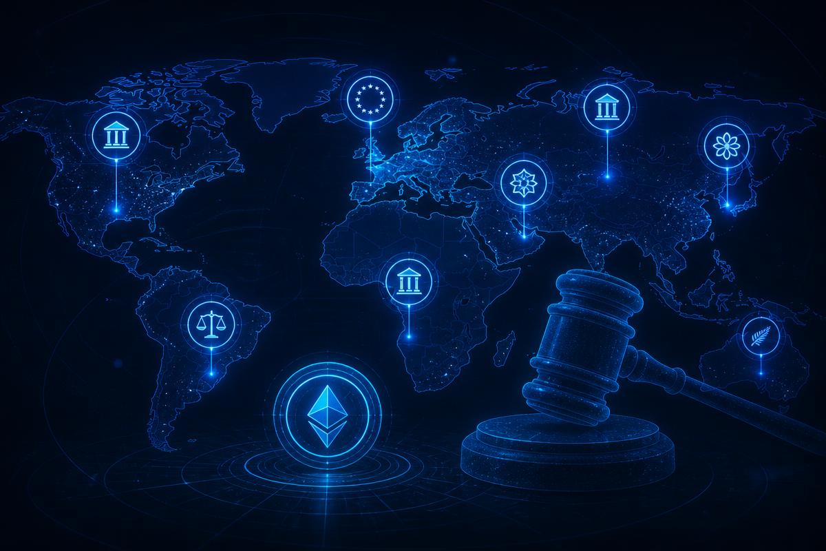 Abstract world map illustration of crypto regulation across jurisdictions