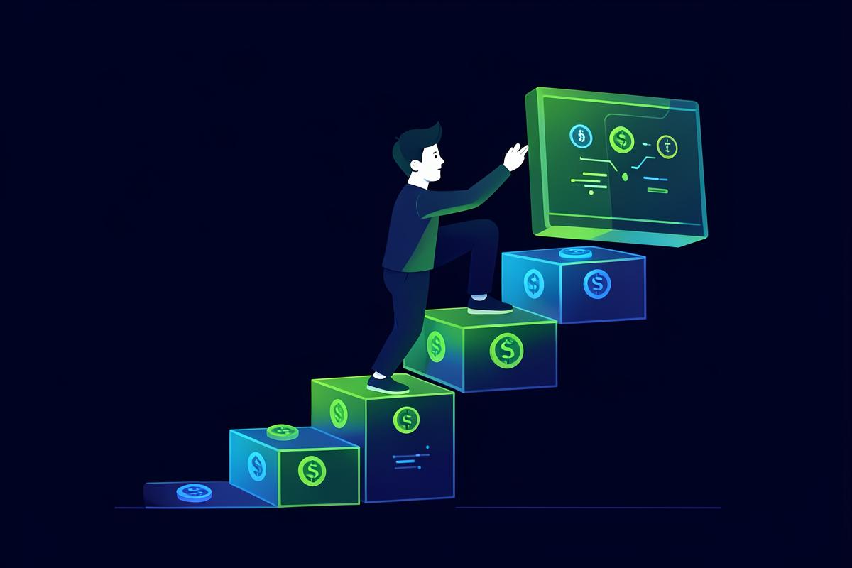 Abstract illustration of a beginner climbing steps towards a crypto investment platform dashboard
